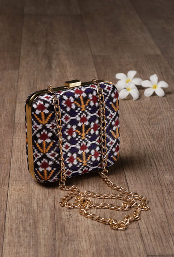 Leela Blue & Multi Patola Print Square Box Clutch